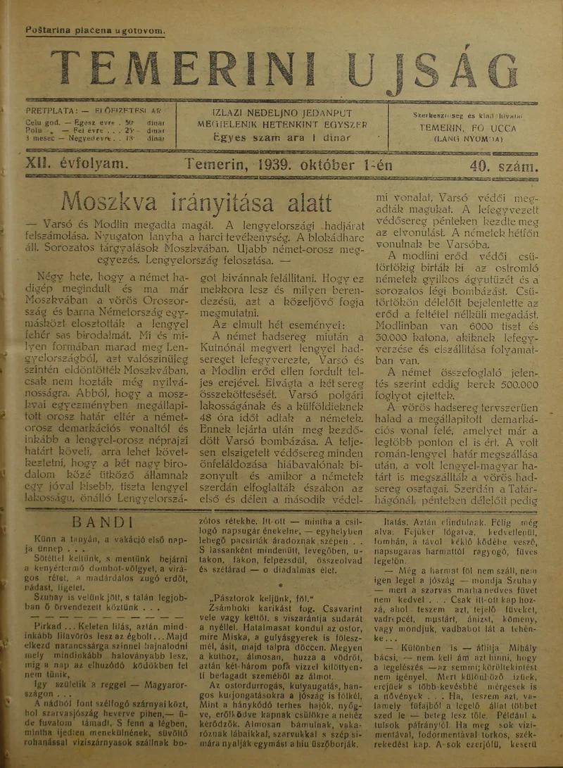 Temerini Újság 1928-1944, 12. évf. 1939. október 1. 40. sz.