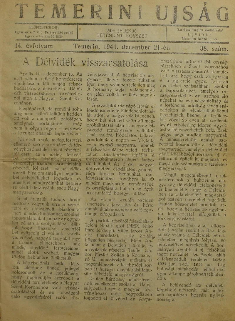Temerini Újság 1928-1944, 14. évf. 1941. december 21. 38. sz.