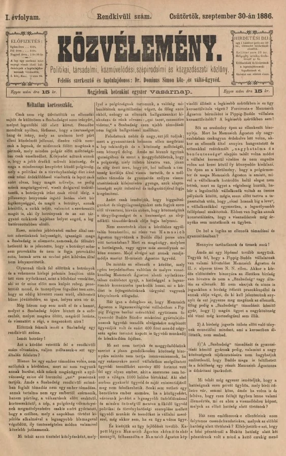 Közvélemény, 1. évf. 1886. szeptember 30. Rendkívüli szám
