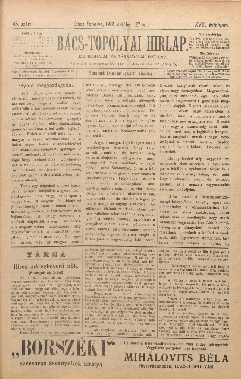Bács-Topolyai Hirlap, 17. évf. 1912. október 27. 43. sz.
