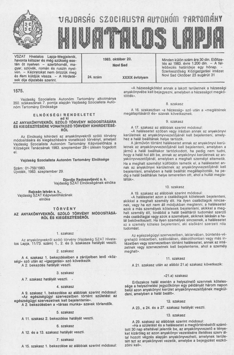 Vajdaság Szocialista Autonóm Tartomány Hivatalos Lapja, 39. évf. 1983. október 20. 24. sz.
