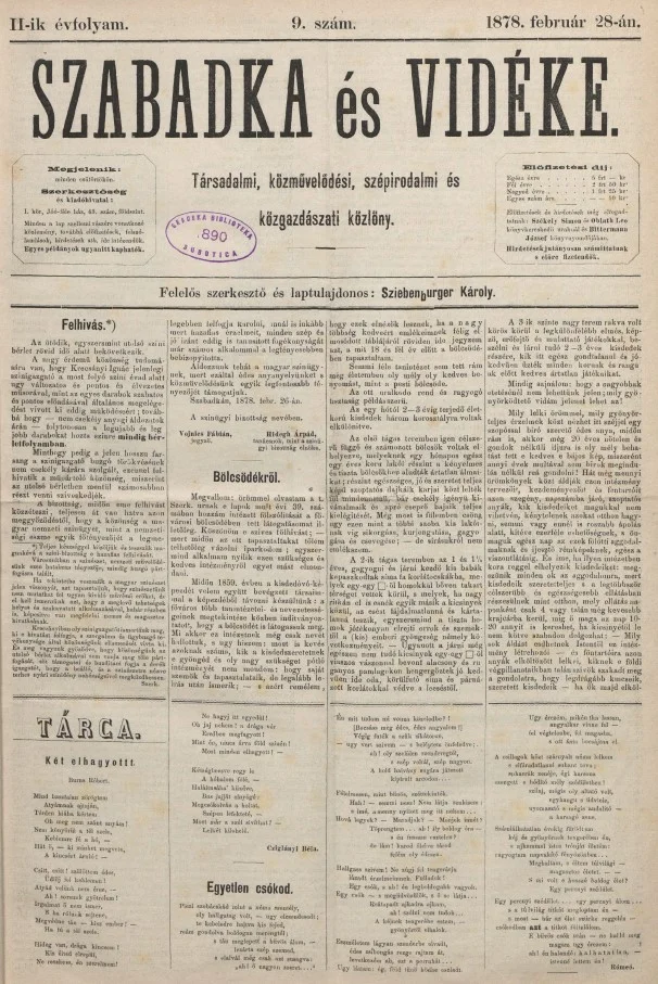Szabadka és vidéke, 2. évf. 1878. február 28. 9. sz.