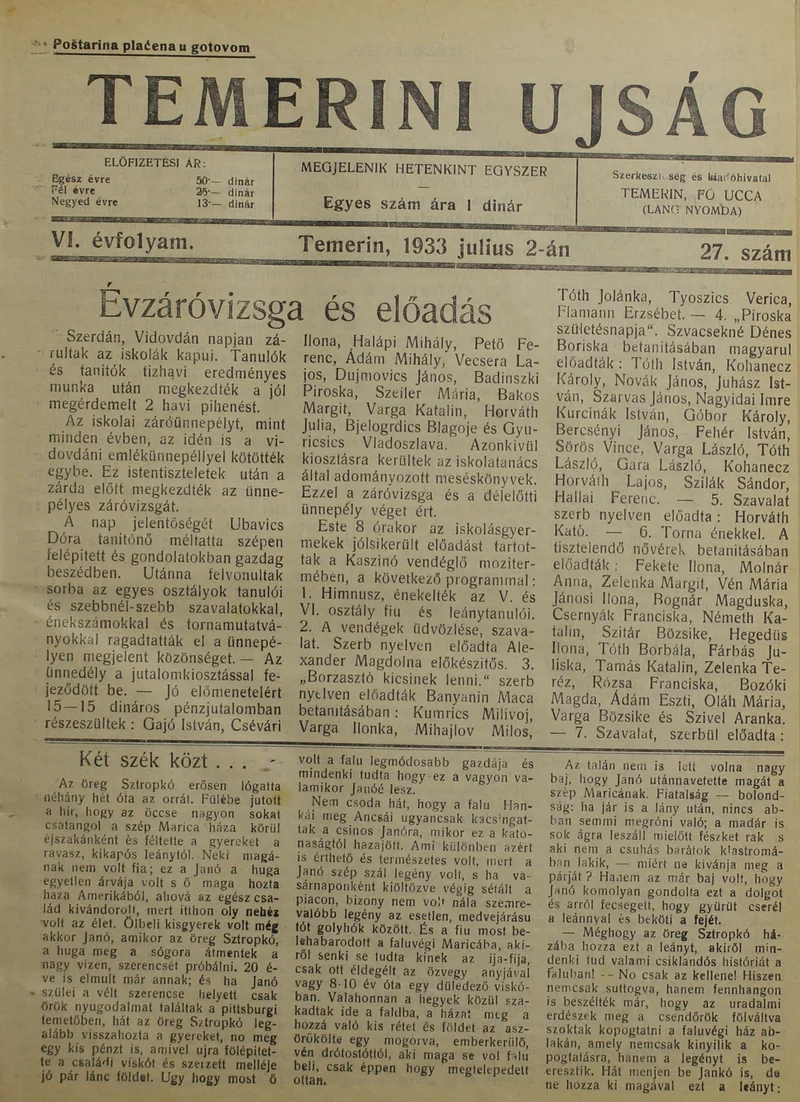 Temerini Újság 1928-1944, 6. évf. 1933. július 2. 27. sz.