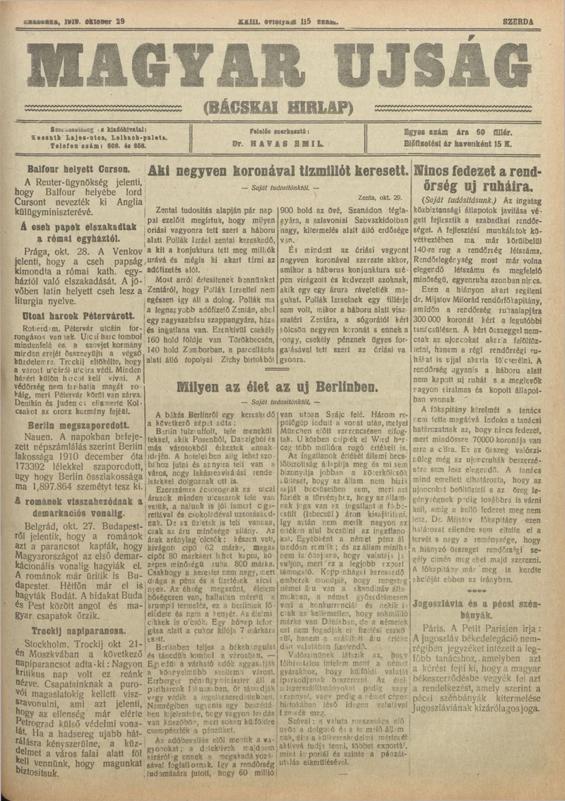 Bácskai Hirlap, 23. évf. 1919. október 29. 115. sz.