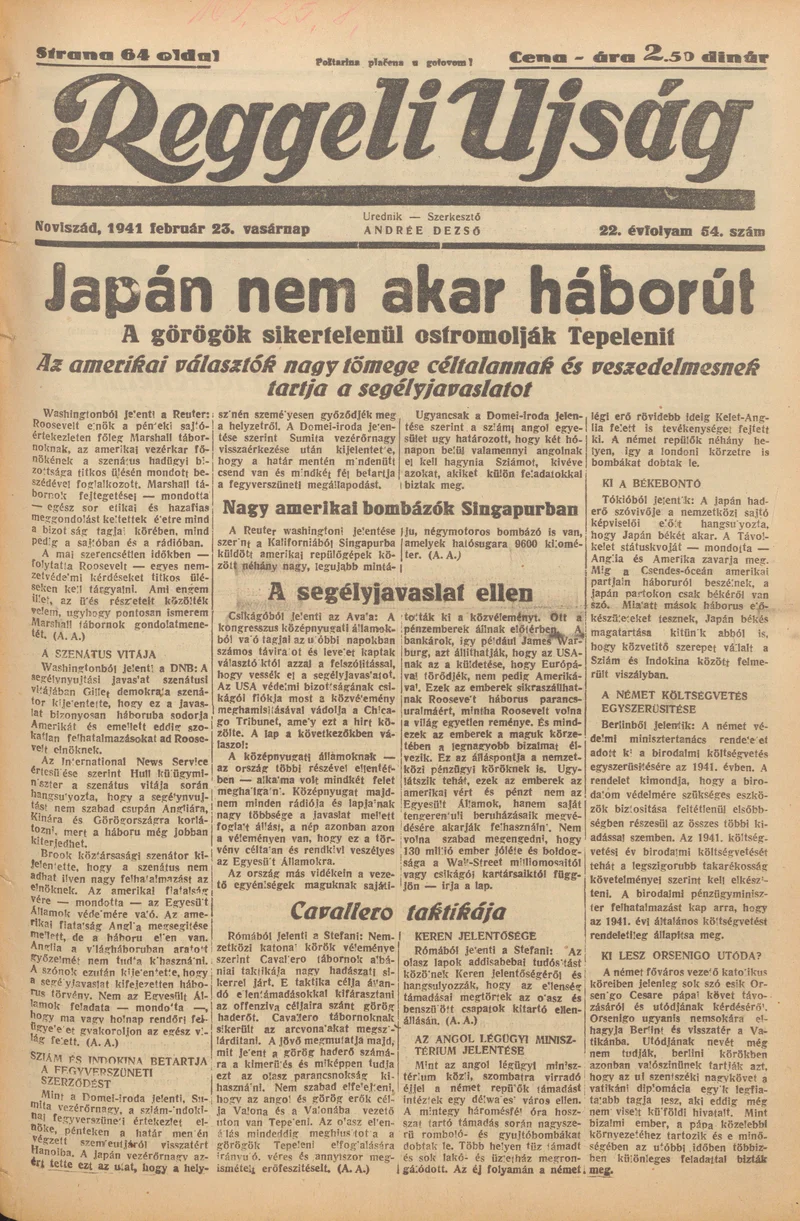 Reggeli Újság, 22. évf. 1941. február 23. 54. sz.