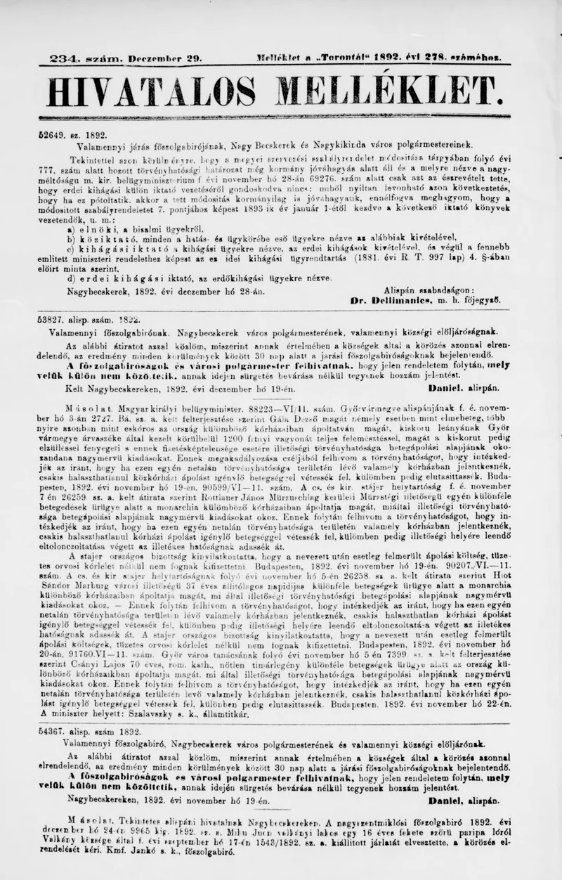 A Totontál  hivatalos melléklete, 5. évf. 1892. december 29. 234. sz.