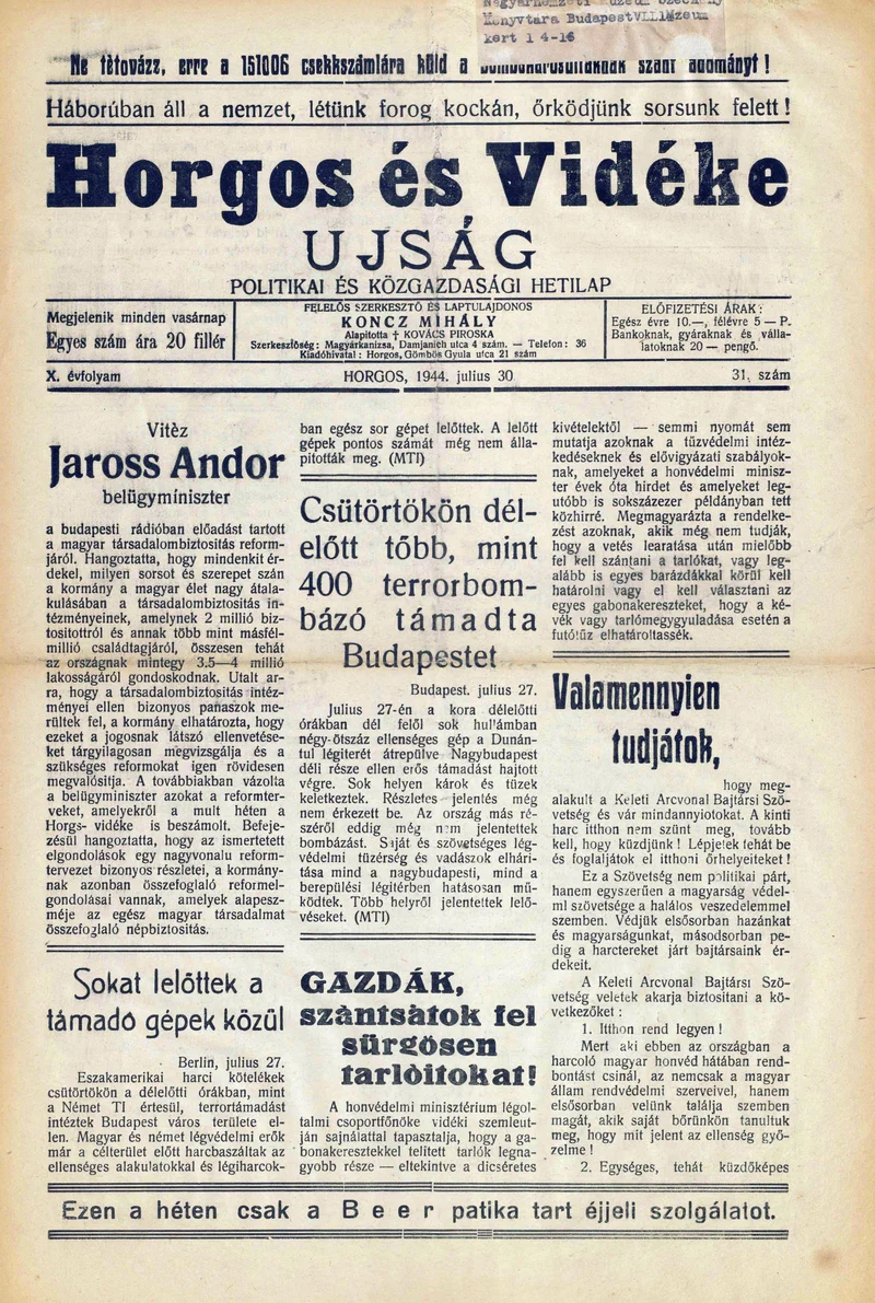 Horgos és vidéke, 9. évf. 1944. július 30. 31. sz.