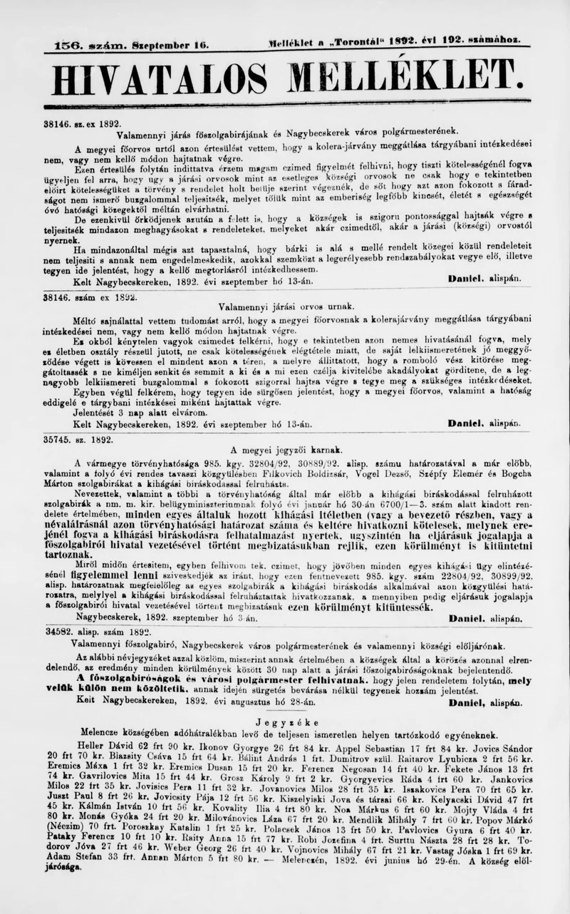 A Totontál  hivatalos melléklete, 5. évf. 1892. szeptember 16. 156. sz.