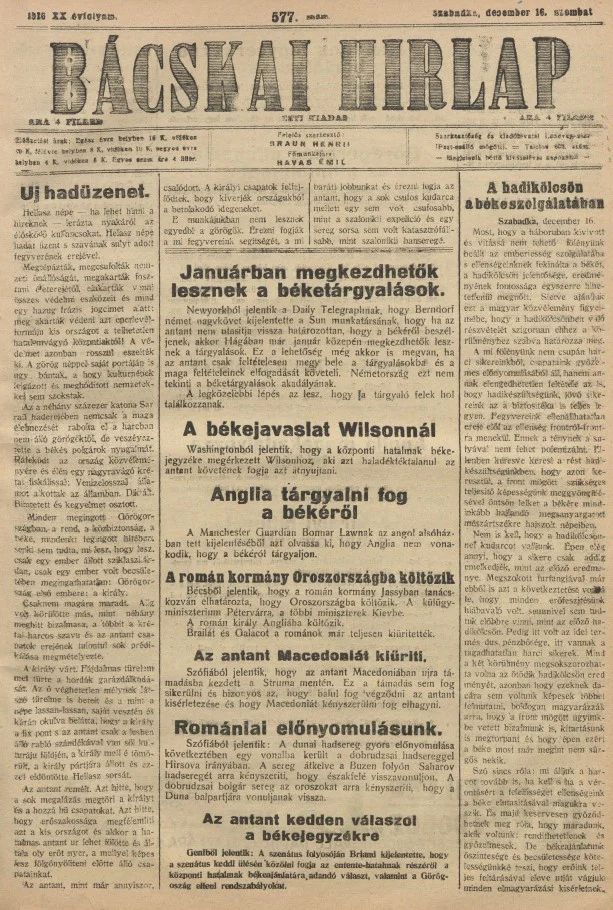 Bácskai Hirlap, 20. évf. 1916. december 16. 577. sz.