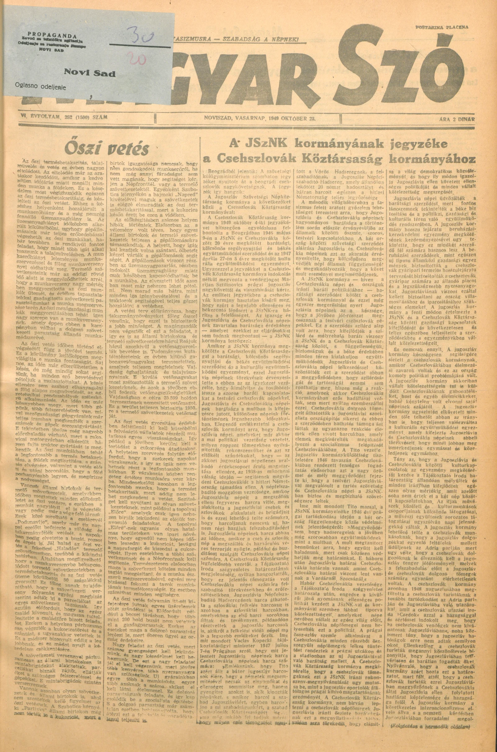Magyar Szó, 6. évf. 1949. október 23. 252. sz. 1–4. oldal