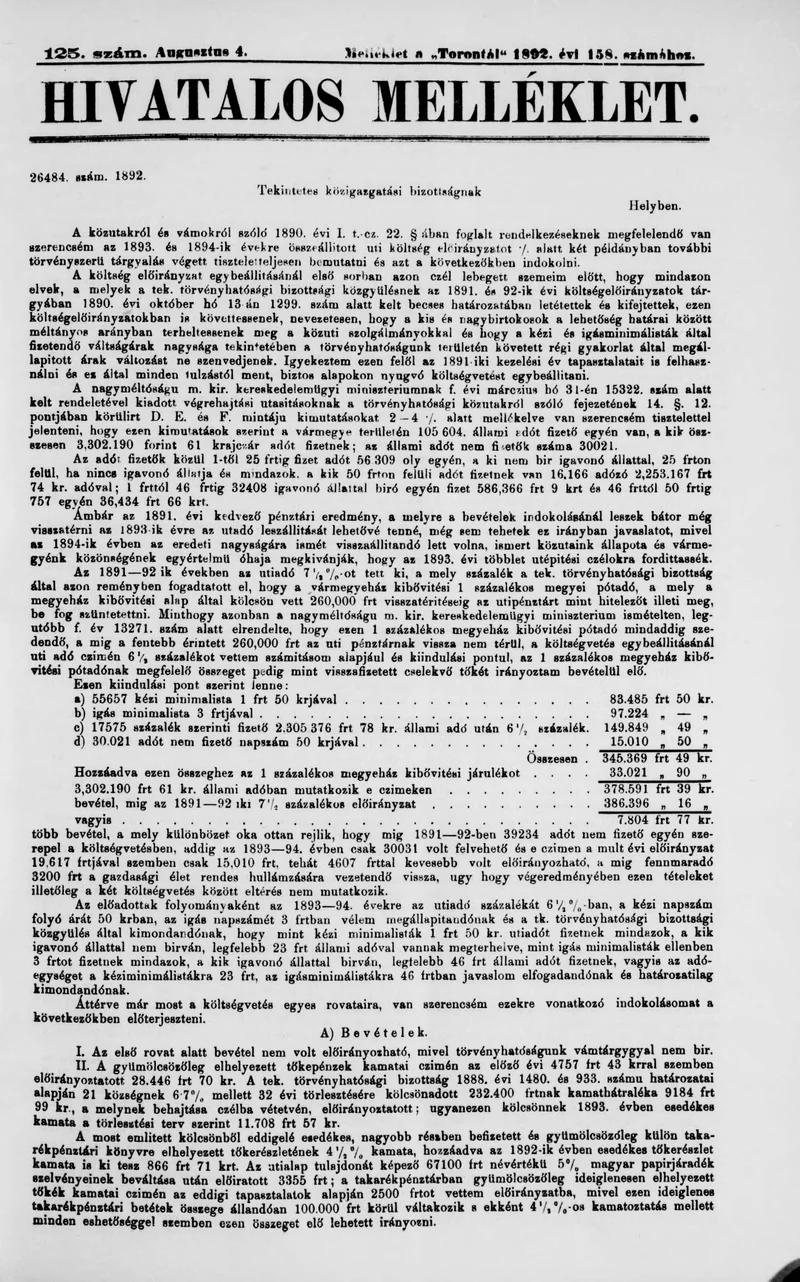 A Totontál  hivatalos melléklete, 5. évf. 1892. augusztus 5. 125. sz.