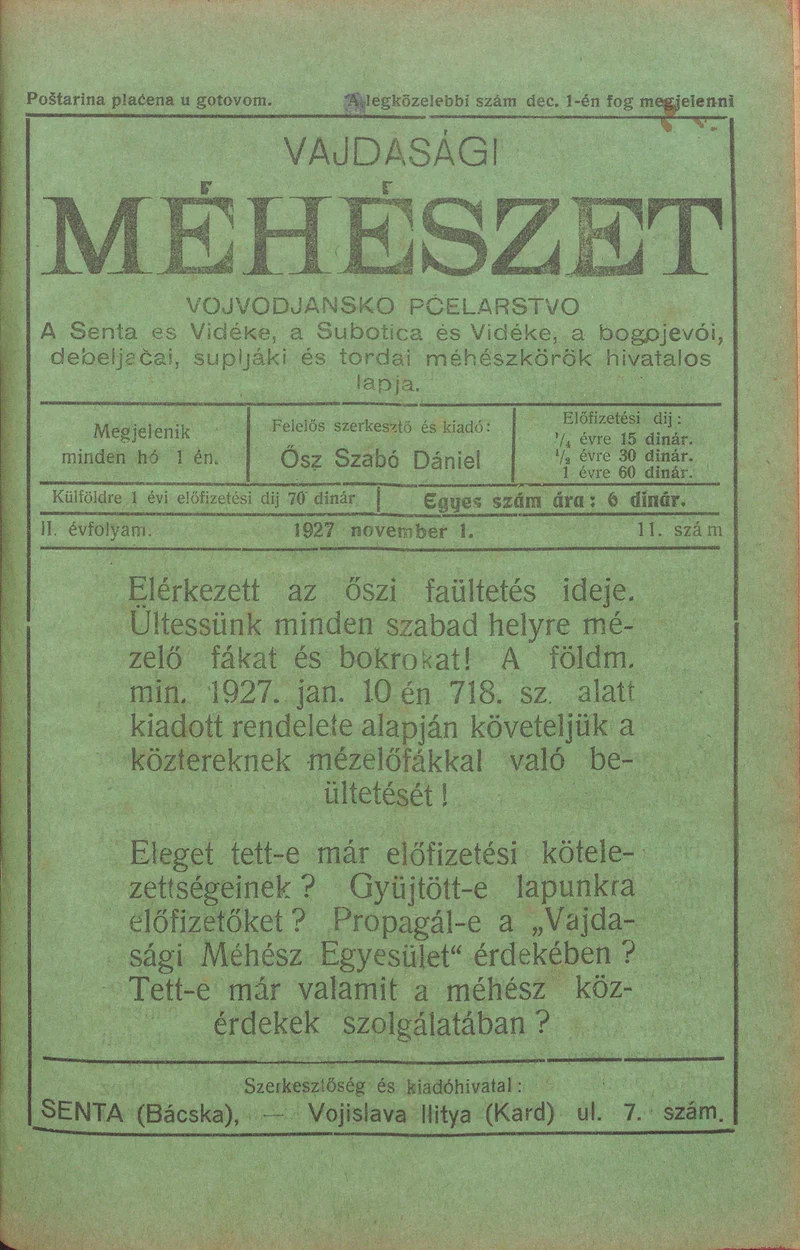 Vajdasági méhészet, 2. évf. 1927. november 1. 11. sz.