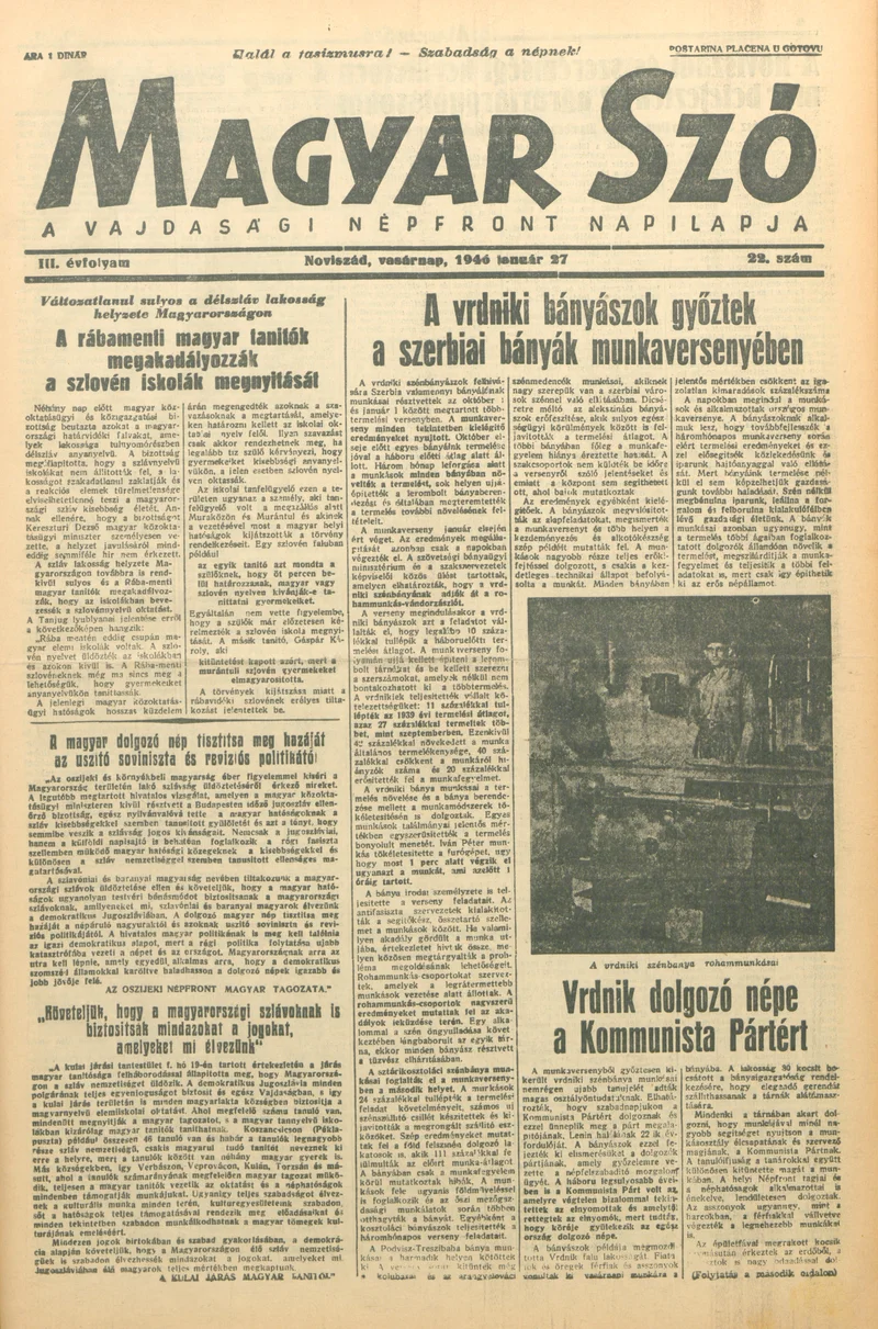 Magyar Szó, 3. évf. 1946. január 27. 22. sz. 1–4. oldal
