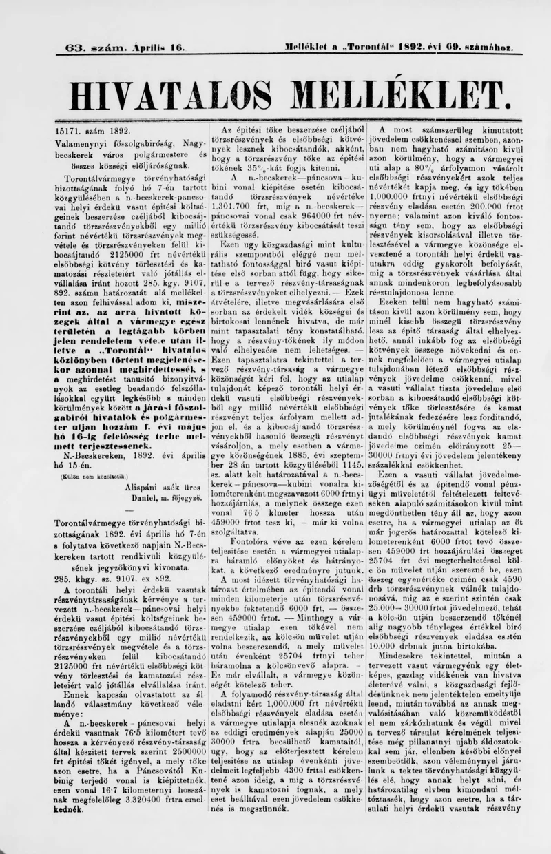 A Totontál  hivatalos melléklete, 5. évf. 1892. április 16. 63. sz.
