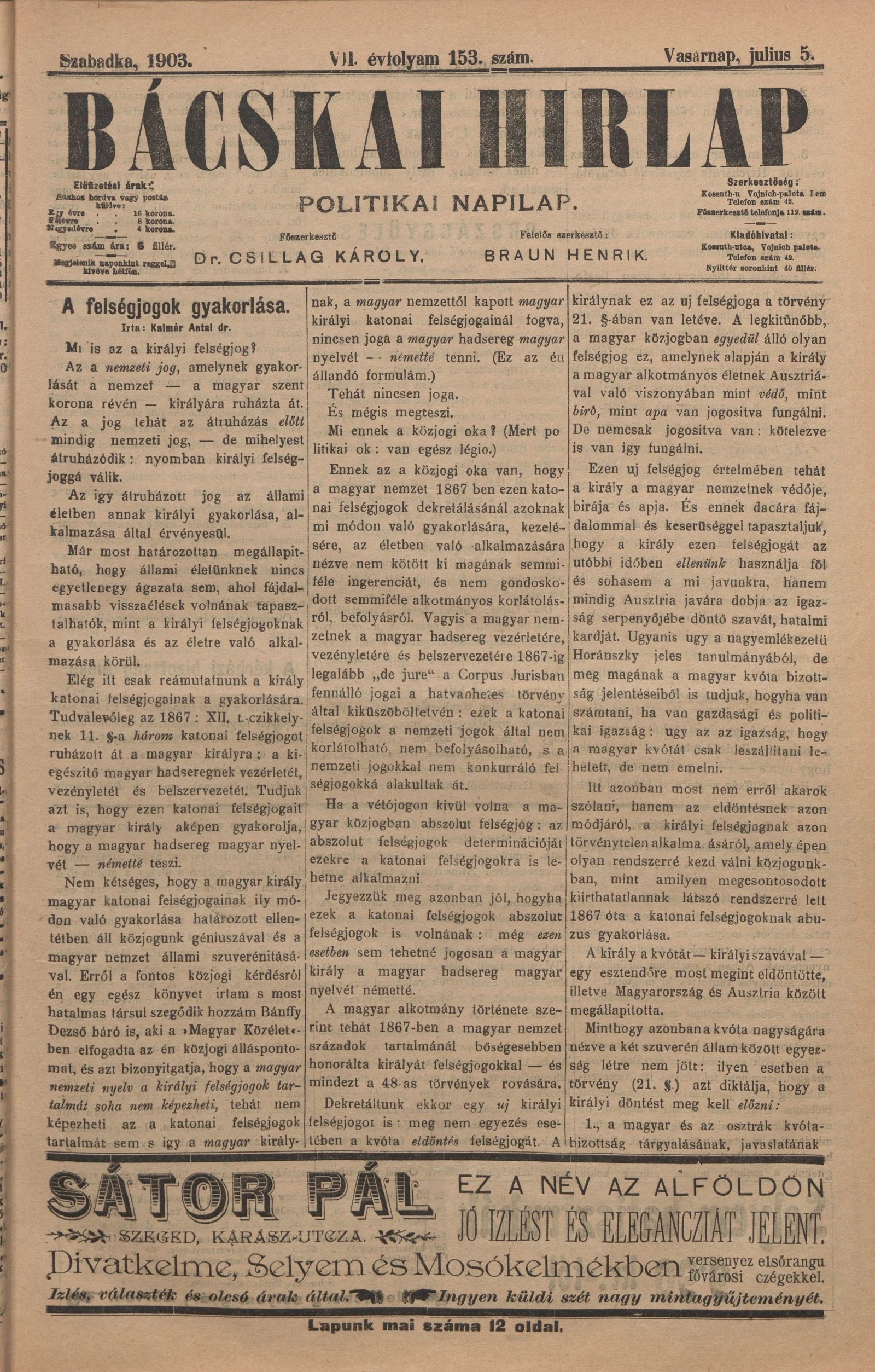 Bácskai Hirlap, 7. évf. 1903. július 5. 153. sz.