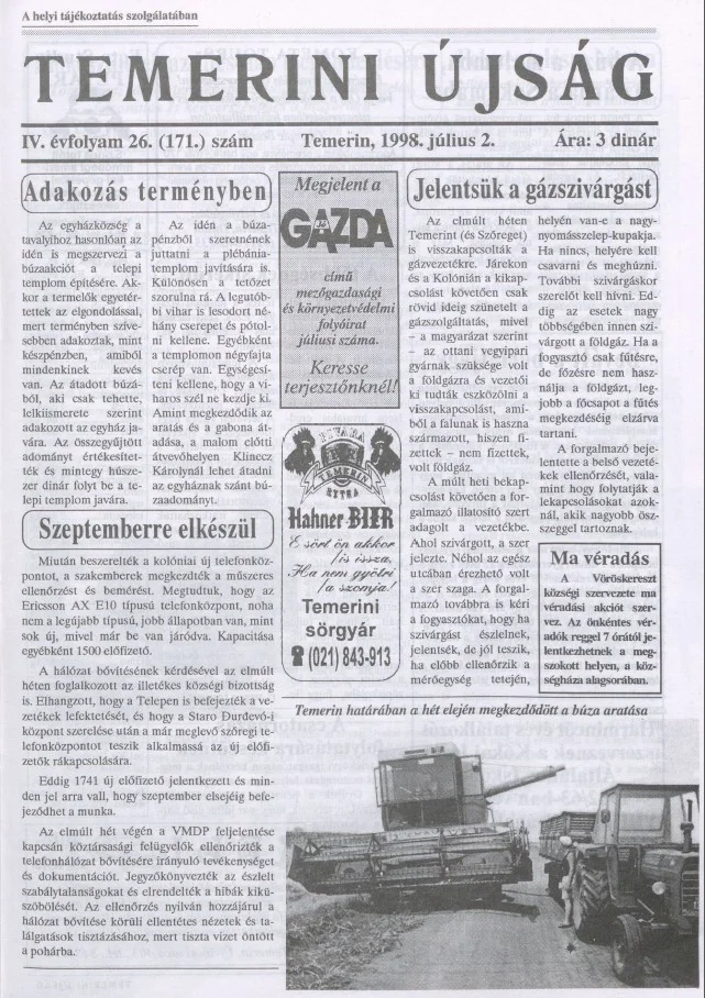 Temerini Újság, 4. évf. 1998. július 2. 26. sz.