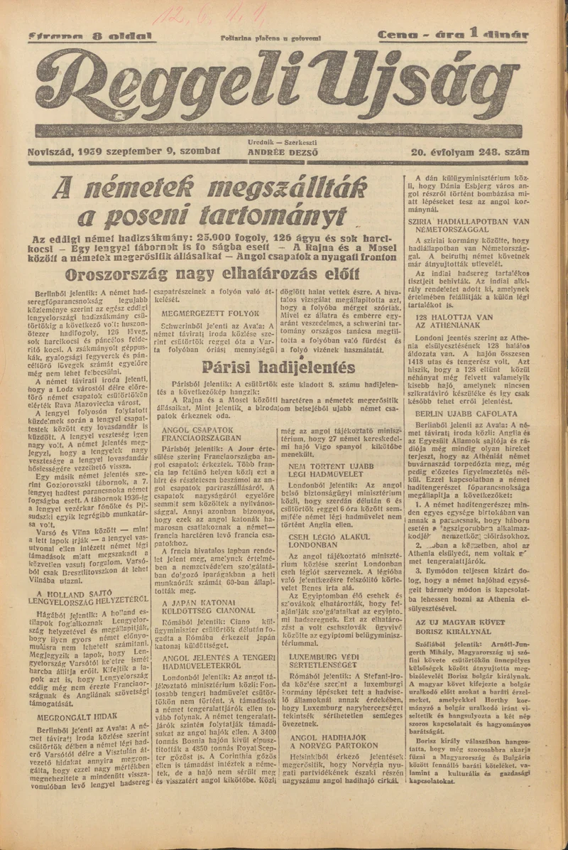Reggeli Újság, 20. évf. 1939. szeptember 9. 248. sz.