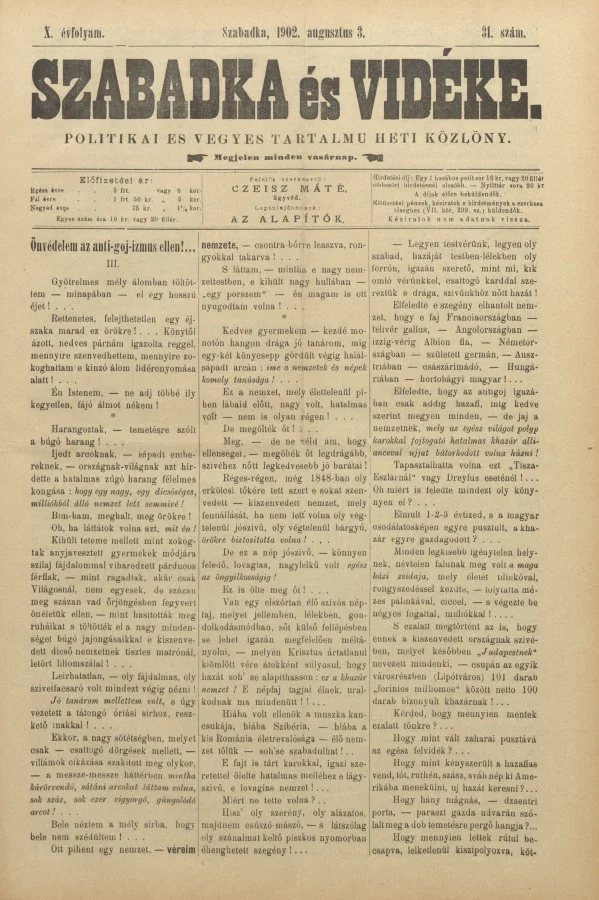 Szabadka és vidéke II, 10. évf. 1902. augusztus 3. 31. sz.