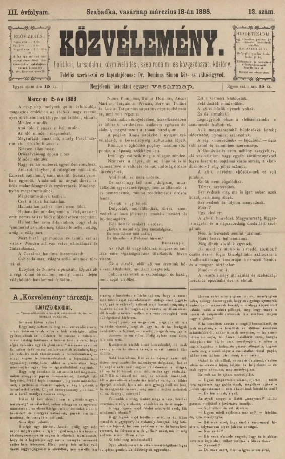 Közvélemény, 3. évf. 1888. március 18. 12. sz.
