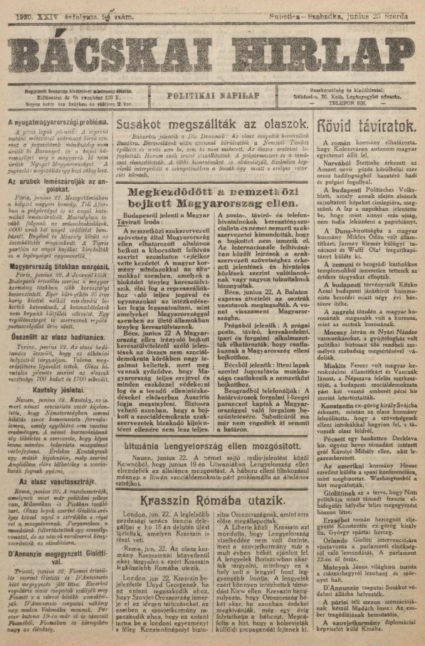 Bácskai Hirlap, 24. évf. 1920. június 23. 95. sz.