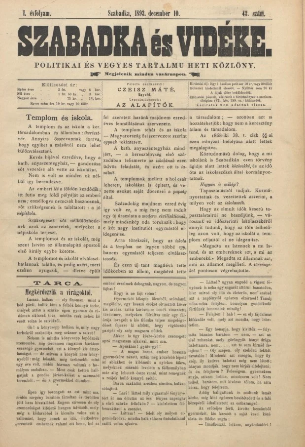 Szabadka és vidéke II, 1. évf. 1893. december 10. 43. sz.
