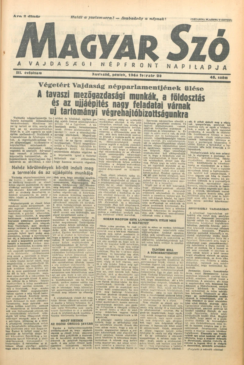 Magyar Szó, 3. évf. 1946. február 22. 45. sz. 1–6. oldal