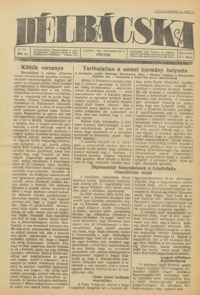 Délbácska, 4. évf. 1923. november 16. 264. sz.