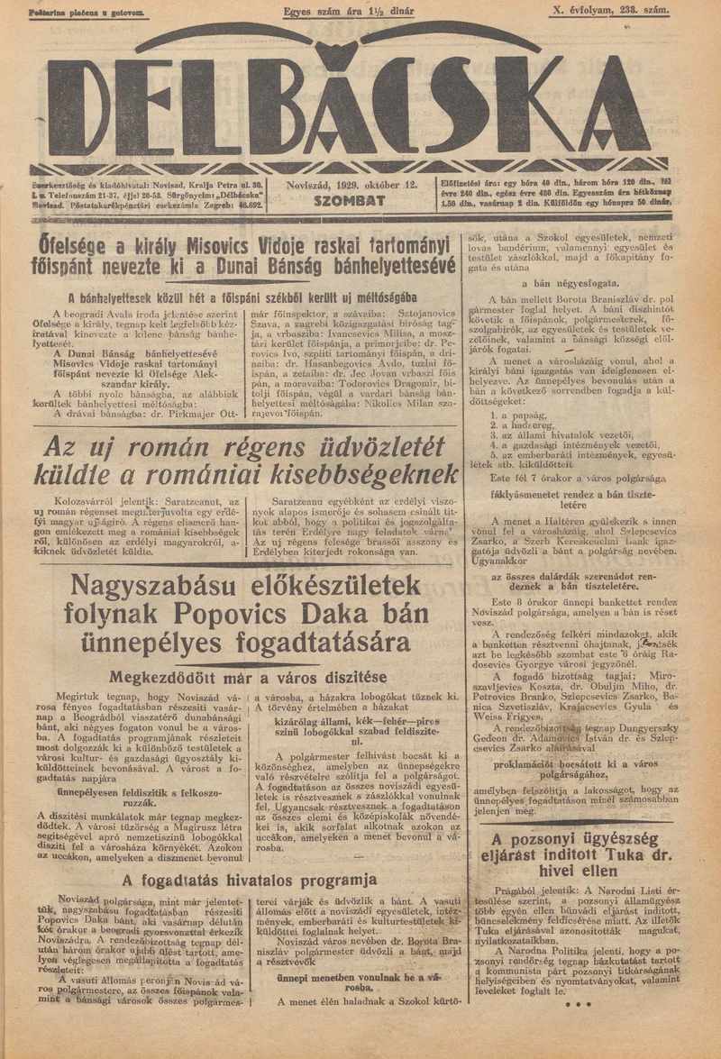 Délbácska, 10. évf. 1929. október 12. 238. sz.
