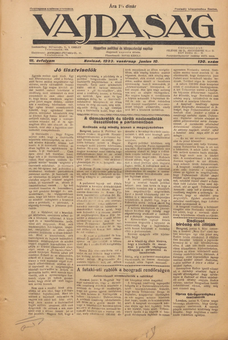 Vajdaság, 3. évf. 1923. június 10. 130. sz.