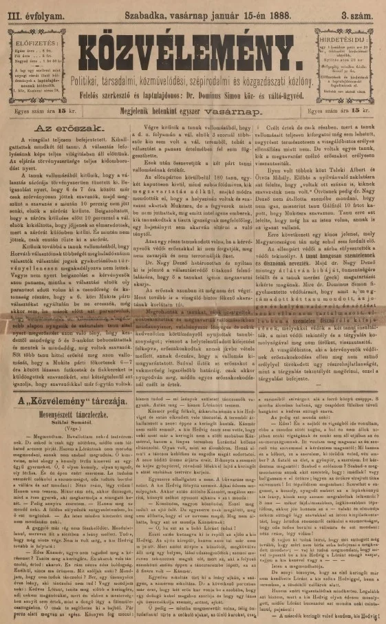 Közvélemény, 3. évf. 1888. január 15. 3. sz.