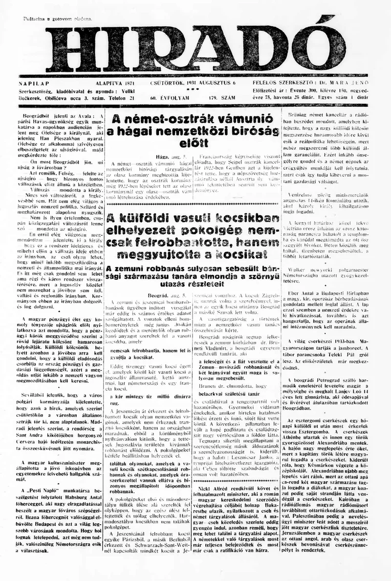 Híradó, 60. évf. 1931. augusztus 6. 179. sz.