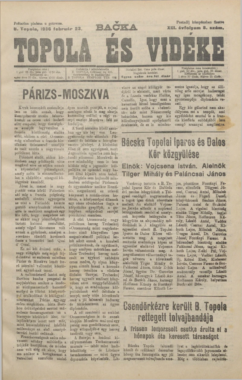 Bačka Topola és Vidéke, 13. évf. 1936. február 23. 8. sz.