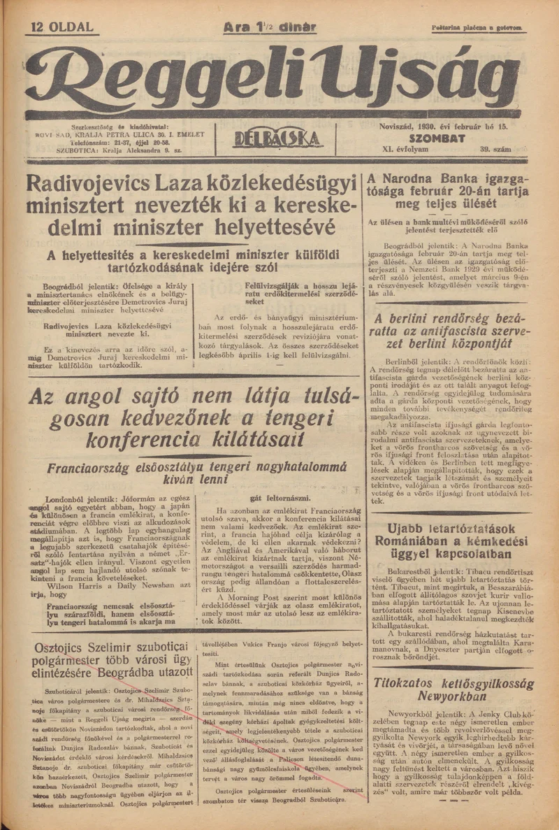 Reggeli Újság, 11. évf. 1930. február 15. 39. sz.