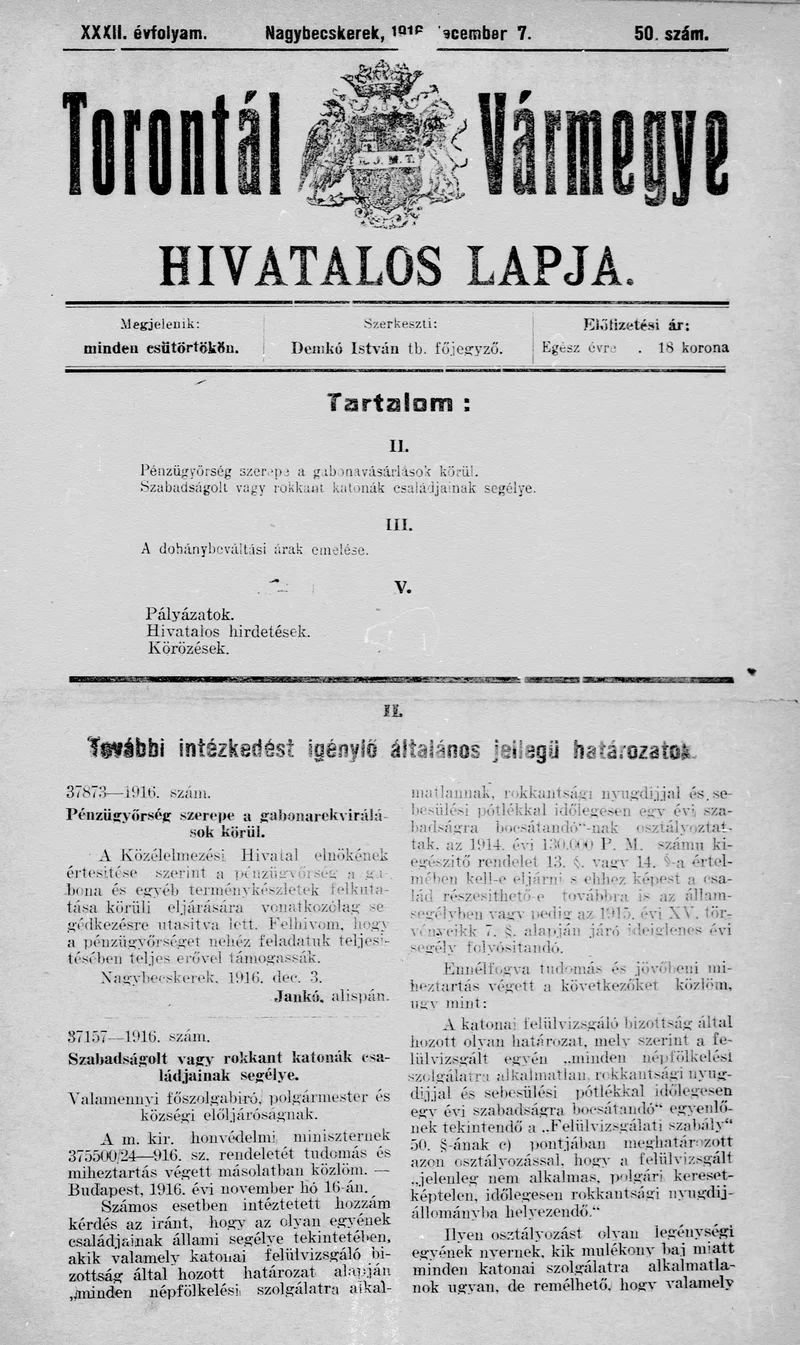 Torontál Vármegye Hivatalos Lapja, 32. évf. 1916. december 7. 50. sz.