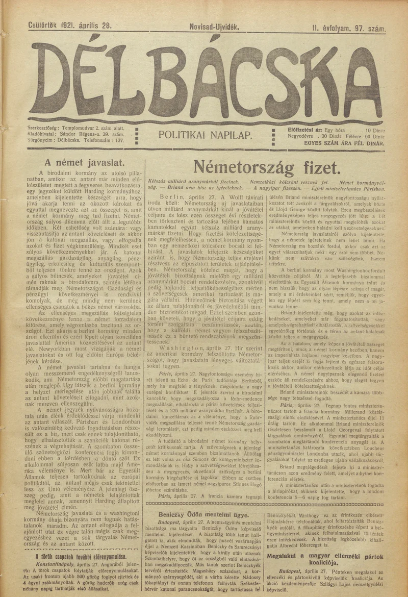 Délbácska, 2. évf. 1921. április 28. 97. sz.