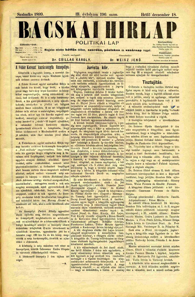 Bácskai Hirlap, 3. évf. 1899. december 18. 196. sz.