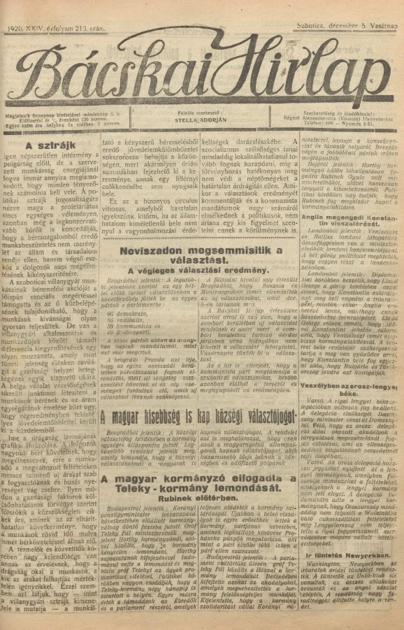 Bácskai Hirlap, 24. évf. 1920. december 5. 213. sz.