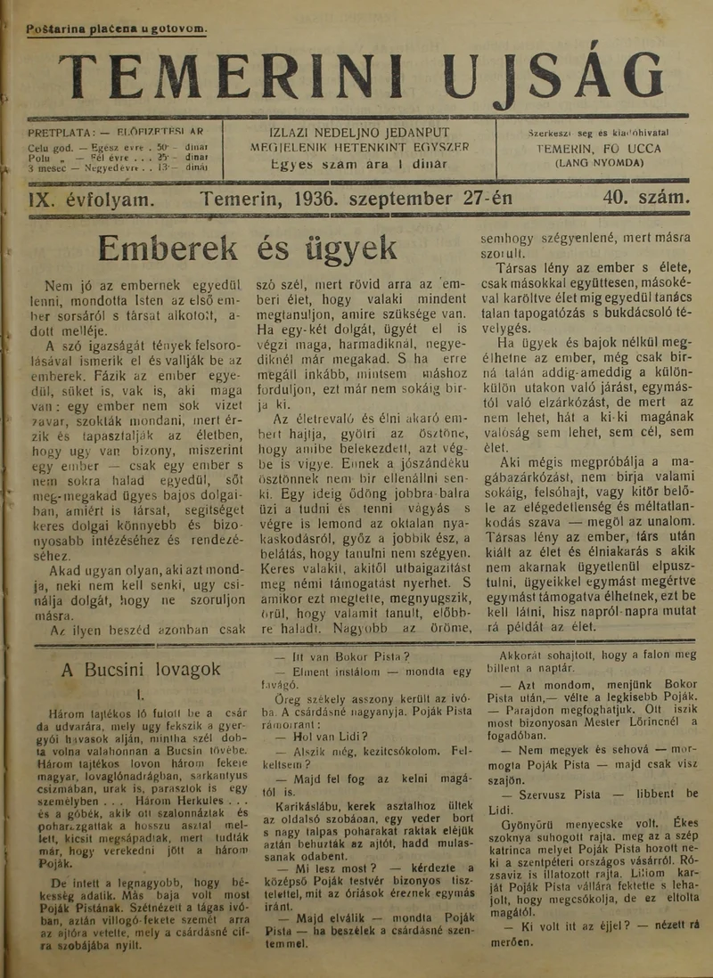 Temerini Újság 1928-1944, 9. évf. 1936. szeptember 27. 40. sz.