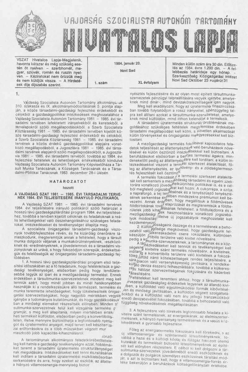Vajdaság Szocialista Autonóm Tartomány Hivatalos Lapja, 40. évf. 1984. január 20. 1. sz.