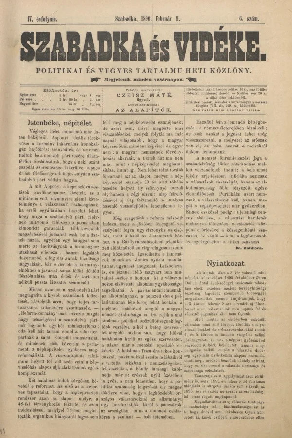 Szabadka és vidéke II, 4. évf. 1896. február 9. 6. sz.