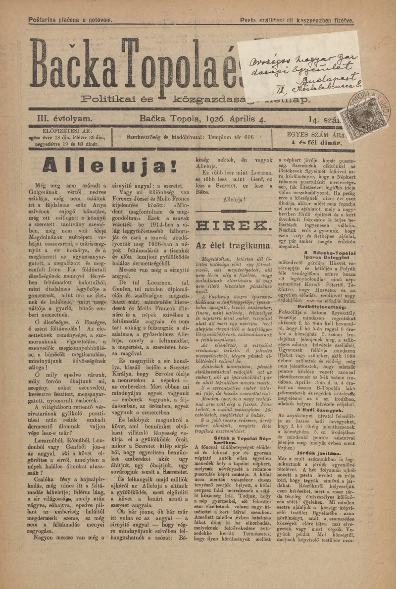 Bačka Topola és Vidéke, 3. évf. 1926. április 4. 14. sz.