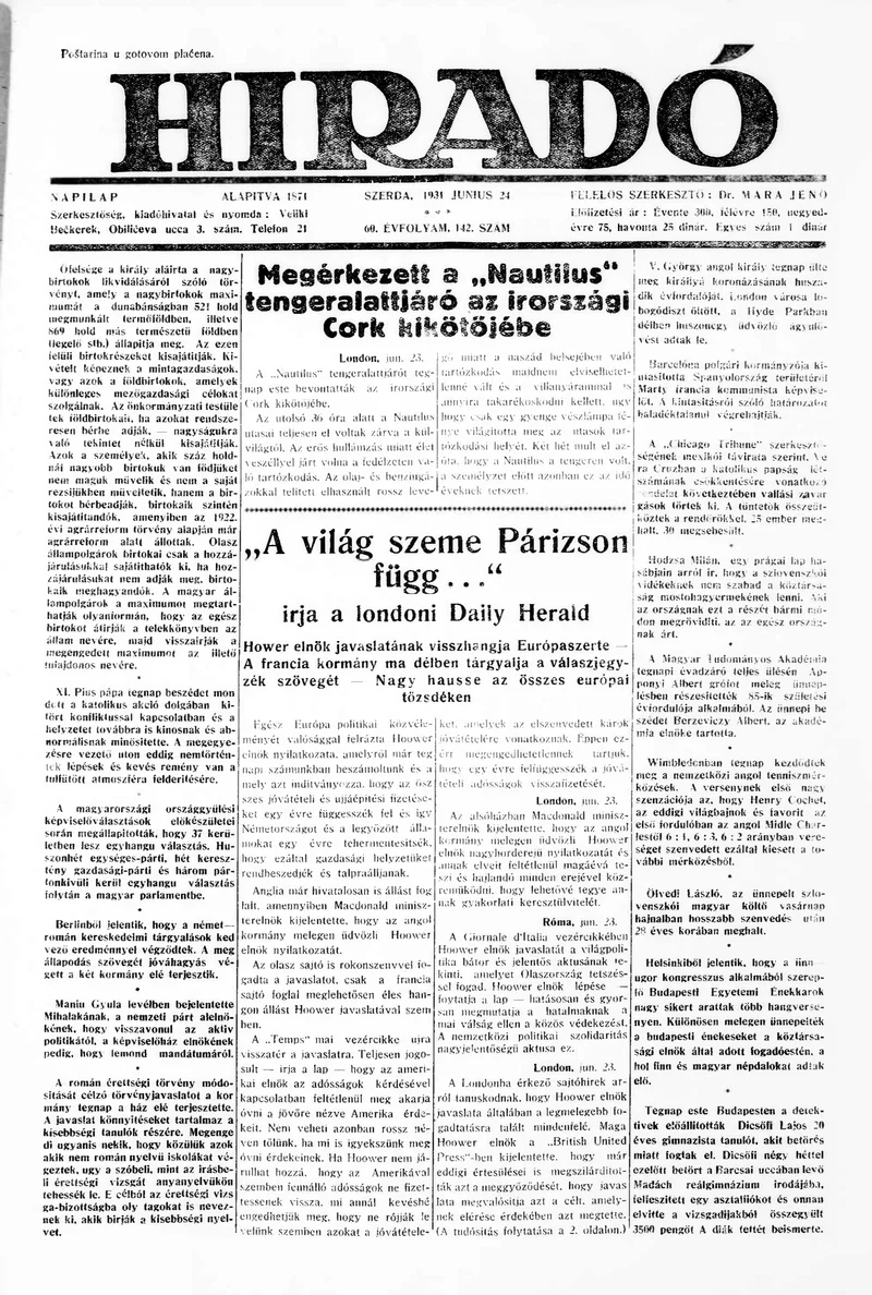 Híradó, 60. évf. 1931. június 24. 142. sz.