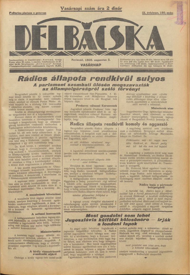 Délbácska, 9. évf. 1928. augusztus 5. 180. sz.