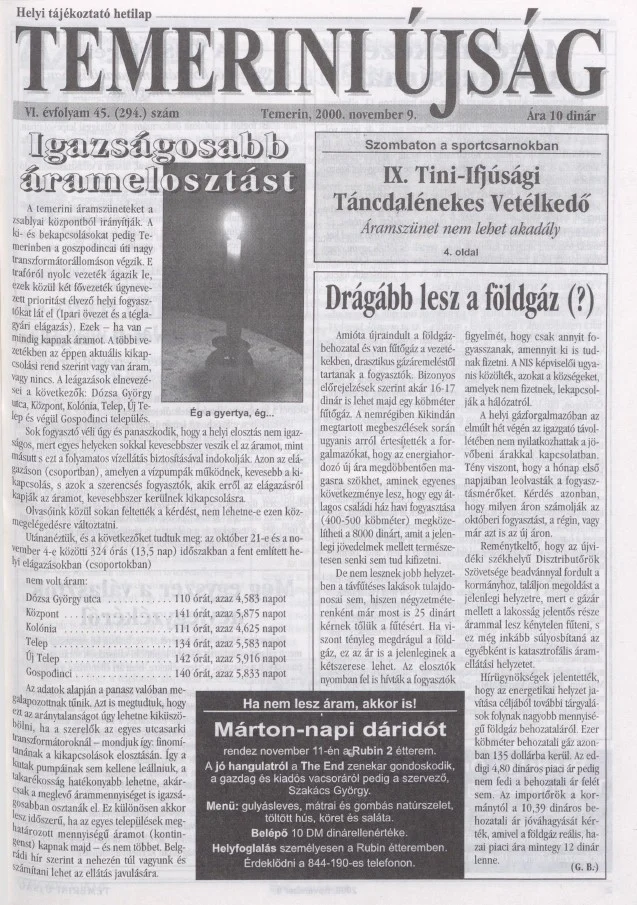 Temerini Újság, 6. évf. 2000. november 9. 45. sz.