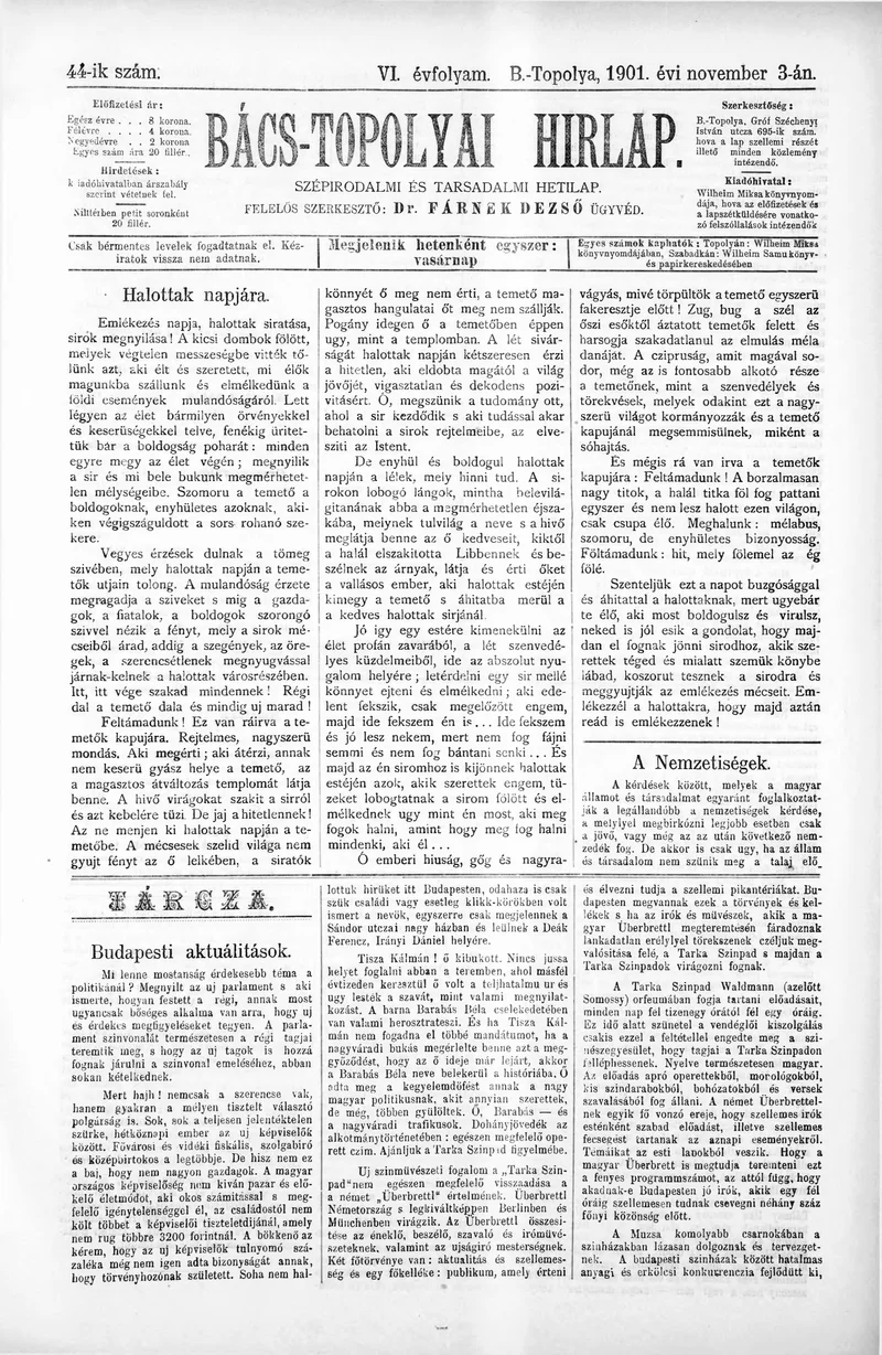 Bács-Topolyai Hirlap, 6. évf. 1901. november 3. 44. sz.