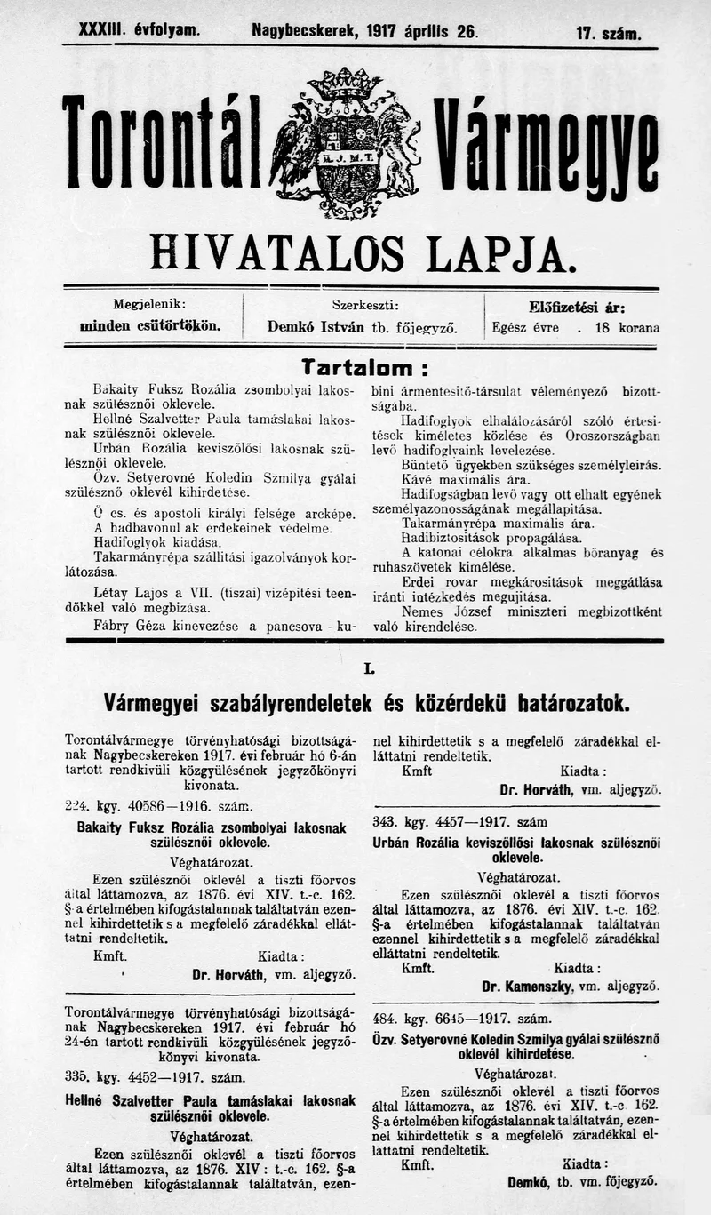 Torontál Vármegye Hivatalos Lapja, 33. évf. 1917. április 26. 17. sz.