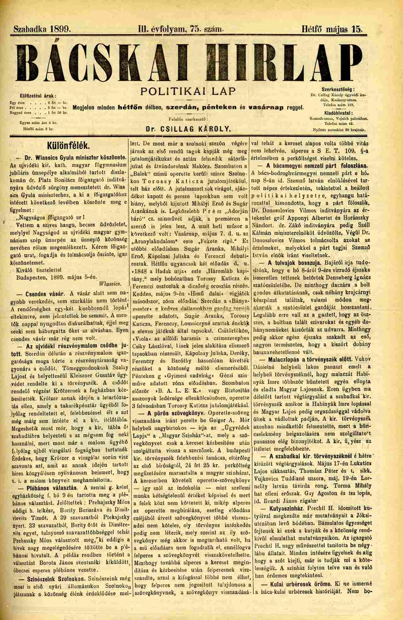 Bácskai Hirlap, 3. évf. 1899. május 15. 75. sz.