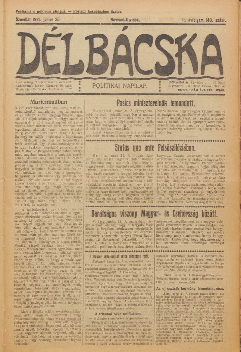 Délbácska, 2. évf. 1921. június 25. 143. sz.