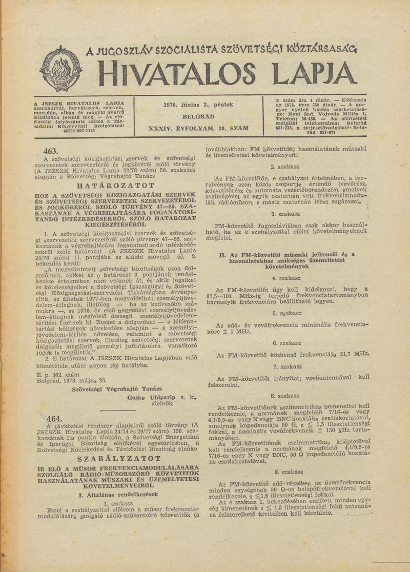 A Jugoszláv Szocialista Szövetségi Köztársaság Hivatalos Lapja, 34. évf. 1978. június 2. 30. sz. 1293–1308. oldal