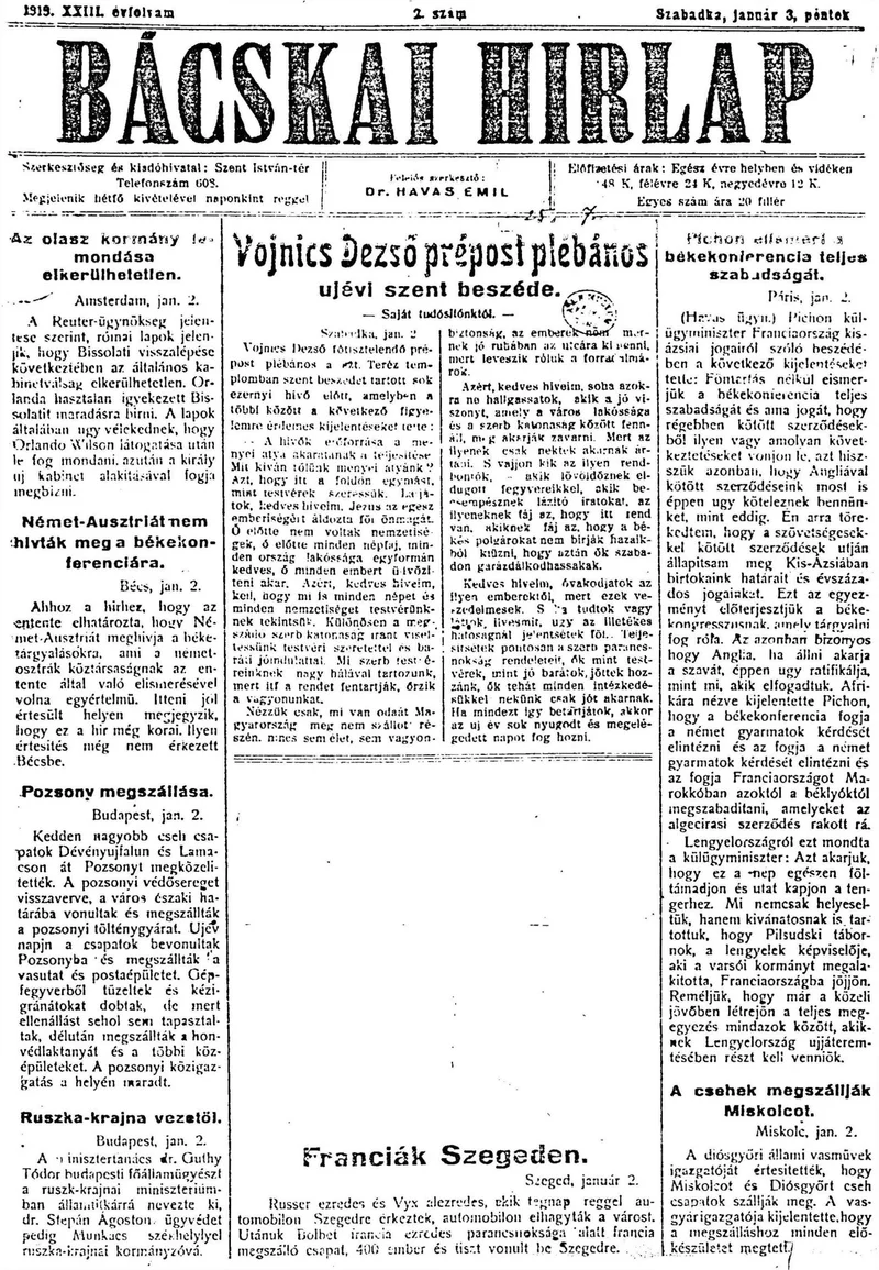 Bácskai Hirlap, 23. évf. 1919. január 3. 2. sz.